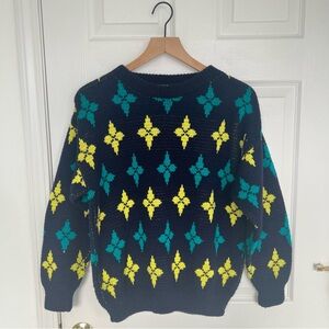 Vintage Blue Sweater with Yellow and Green Pattern